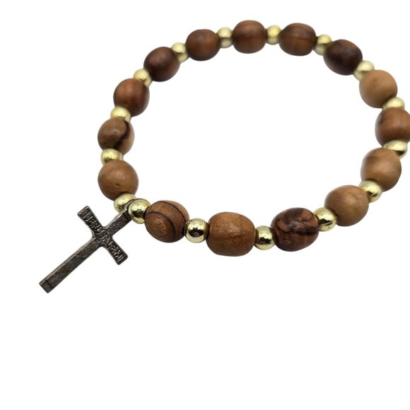 Wooden Beaded Rosary Religious Cross Wrist Bracelet Jerusalem Unisex Catholic - Picture 1 of 5